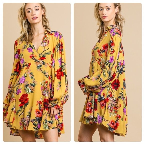 Umgee Floral Print Puff Sleeve Tie Neck Blouse